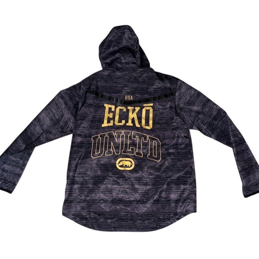 Y2K Ecko Unltd Windbreaker Jacket Mens XL Black Gray Camo Hooded Full Zip coat